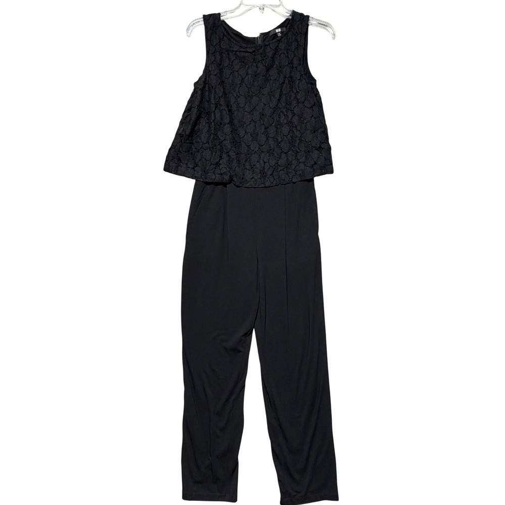 Uniqlo Womens Black Lace Layered Sleeveless Straight Leg Jumpsuit XS 221-182301